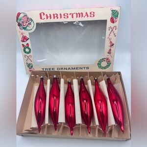 Vintage Santa Land Red Glass Icicle Ornaments Set of 6 Christmas